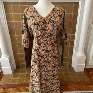 Wray Orange Floral Midi Dress with V-Neck, Button front, and Dolman Sleeves
